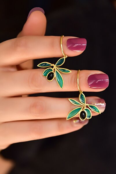 Papatya Silver 925 Ayar Gümüş Oniks Taşlı Zeytin Dalı Küpe.rose.gold.rodaj