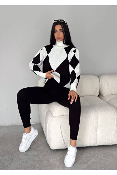 rengastyle Set de tricotaje dublu pentru femei, cu model mare de diamante, cu...