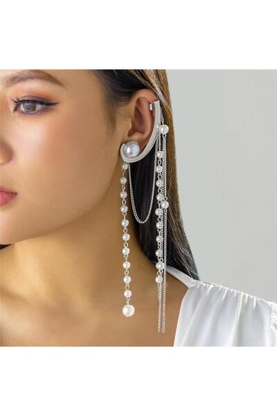 Pursehuit Cercei tip cuff, argintii, cu franjuri lungi și perle, Harm C1