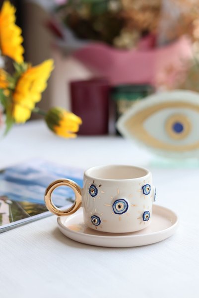 Özce Art Ceramic Atelier Evil eye bead patterned 24k gold detailed 100 ml turkish coffee cup and saucer