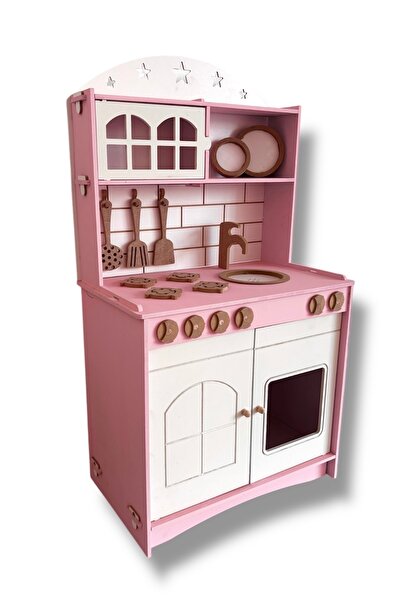 Buradadavar Hobi Ahşap Pembe Boyalı Mutfak Montessori Oyuncak Set Ekonomik Seri
