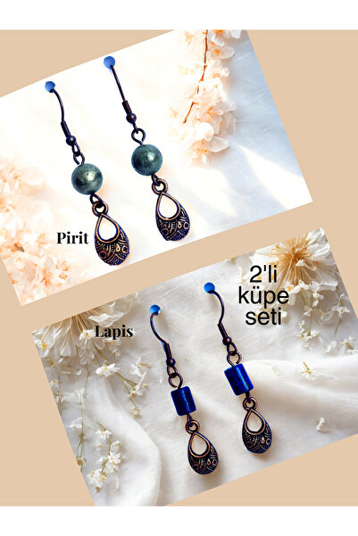 ayrestyle Pirit & Lapis Natural Stone Bohemian Drop Dangle, Women's 2-Piece Earring Set, Matte Yellow-Blue