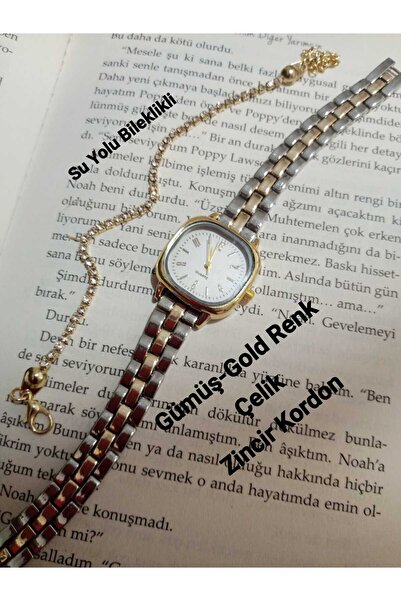 QUARTZ Gold-Gümüş Zincir Kordon Minimal Kare Rakamlı Model Kadın Kol Saat SU YOLU BİLEKLİKLİ bb0054
