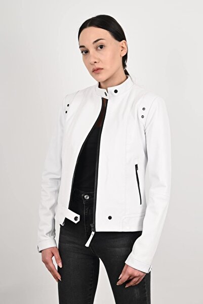 ALİN Jachetă din piele naturală albă, scurtă, pentru femei Rio, măsurători vizuale