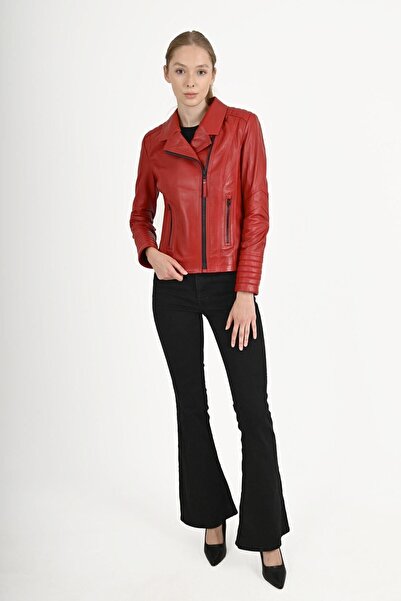 ALİN Alexa Women's Red Biker Genuine Leather Jacket Size Measurements as Visual