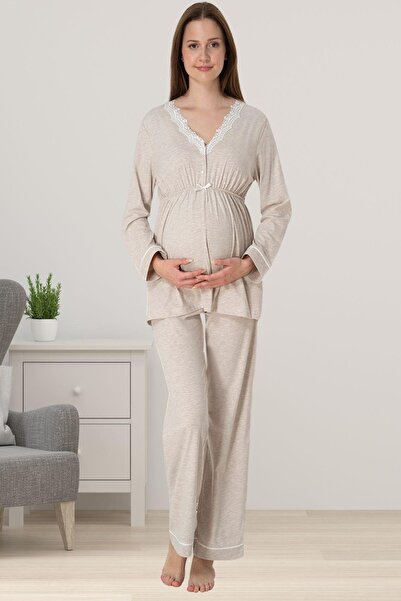Lohusa Homewear Γυναικείο Σετ Πιτζάμες Εγκυμοσύνης Μπεζ Ειδικού Σχεδιασμού απ...
