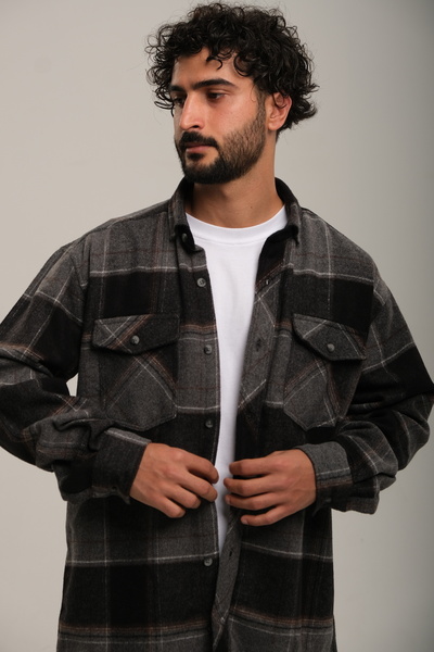 Zermon SALAMURA GRİSİ SİYAH RENKLİ BEYAZ KAHVERENGİ ÇİZGİLİ CEPLİ ODUNCU GÖMLEĞİ