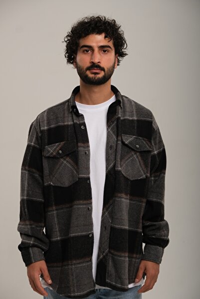 Zermon SALAMURA GRİSİ SİYAH RENKLİ BEYAZ KAHVERENGİ ÇİZGİLİ CEPLİ ODUNCU GÖMLEĞİ