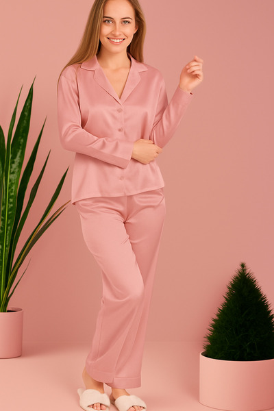 SATTENS Γυναικείο κοστούμι πιτζάμες με γιακά Απλό σατέν