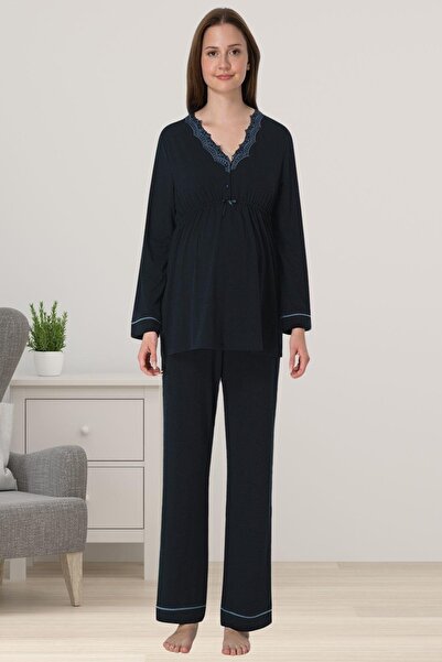 Lohusa Homewear طقم بيجامة للحوامل من القطن بتصميم خاص باللون الأزرق الداكن ل...