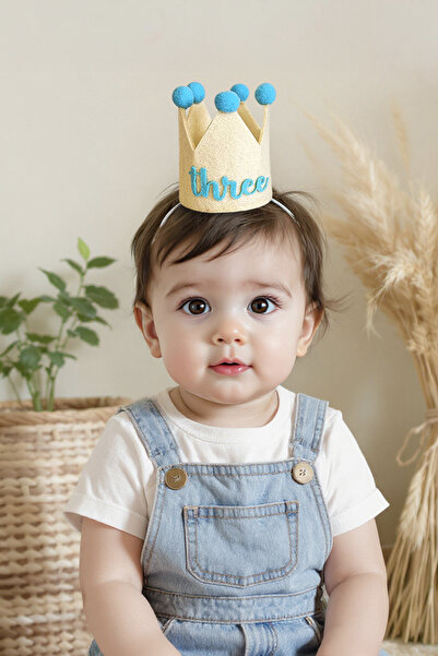 Niksy Design Mini Coroană de Zi de Naștere cu Trei Pompoane Albastre - Pălări...