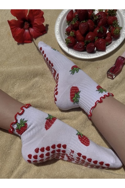 PS Girls Pilates Yoga Çorabı-Kırmızı Taban Kaydırmaz Çorap-Strawberry Milkshake Çorap