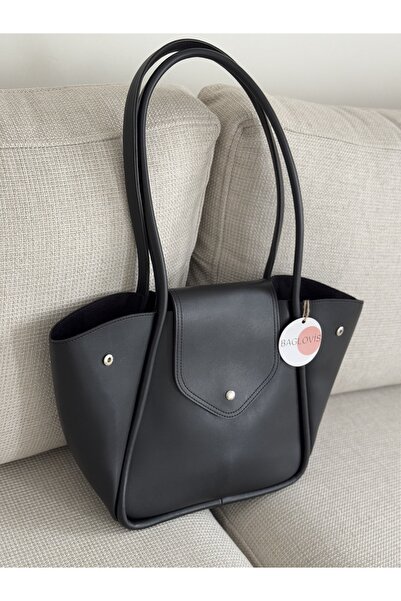 BAGLOVİS Large Black Women's Shoulder Bag with Long Strap Detail En40 Boy28