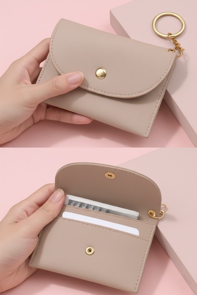 Defnella Beige Double Compartment Mini Credit Card Holder Wallet with Keychain 10X7 cm