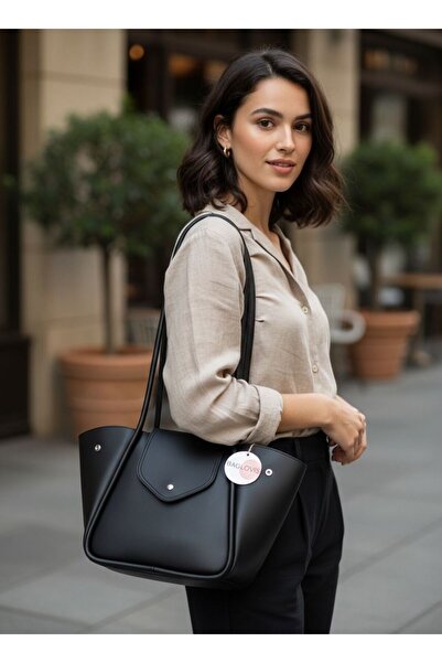 BAGLOVİS Large Black Women's Shoulder Bag with Long Strap Detail En40 Boy28