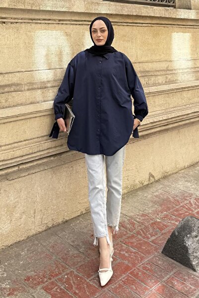 lamelif Πουκάμισο με λεπτομέρεια στο μανίκι Πουκάμισο Oversize Σκούρο μπλε