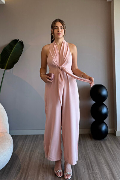 Aventien Önden Bağlamalı Pembe Bol Paça Tulum