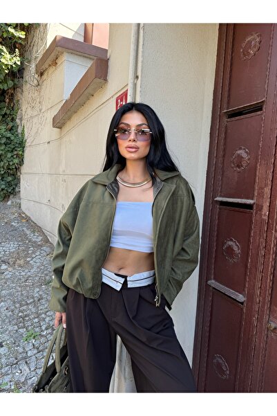 LB Laluna Butik Jachetă bomber oversize din piele intoarsa pentru femei