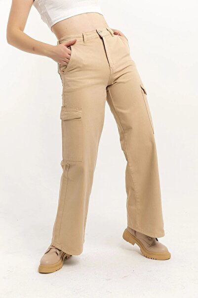 Lixera Супервисокі джинси з еластичною талією, бежеві, з широкими штанинами т...