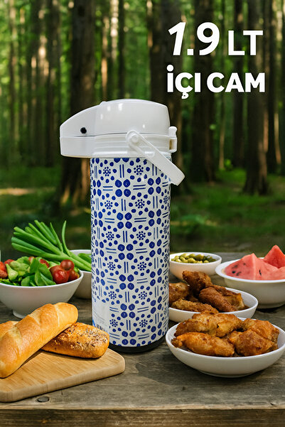 Esse Life 1,9 litre Pompalı Termos Mavi Desenli çift Katlı cam