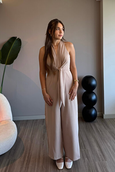 Aventien Beige Wide Leg Jumpsuit with Tie-Up Front