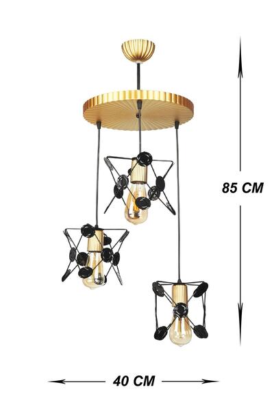 VENON Modern Retro Avize Aydınlatma Marsis 3 Lü Sarkıt Camı Metal Siyah Gold Avize