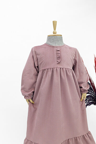 Betül Akbay Βελούδινο φόρεμα για κορίτσια - Μοντέλο Mihri Μακρύ Τσελαντίκο Φόρεμα Ροζ Πούδρα