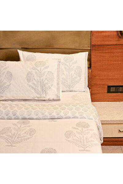 SARAS LABEL Heritage Block Print 100% Cotton Percale Bedsheet with 2 Pillowcases