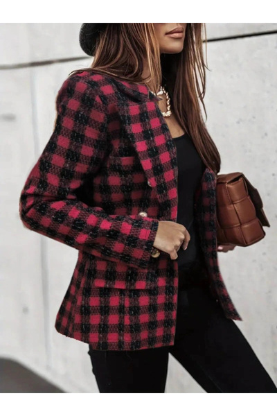 Modayakamoz Women's Long Sleeve Collared Square Patterned Plaid Buttoned Jacket