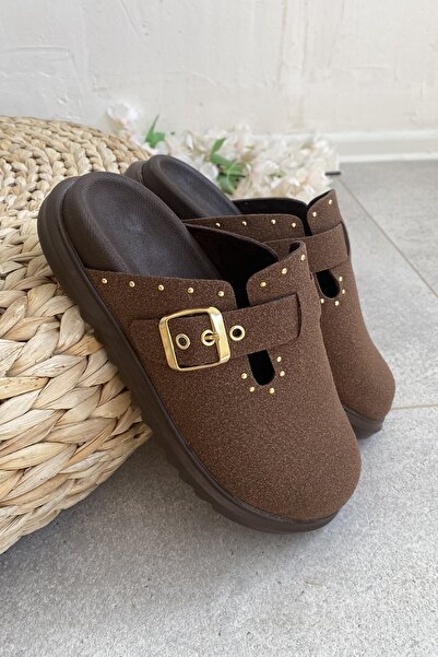 Tamdabu Ayakkabı Brown Suede Comfortable and Stylish Daily Women's Slippers Tmd2025002