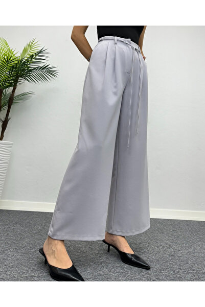deqfashion Pantaloni Palazzo din țesătură elastică cu curea plisată gri pentr...