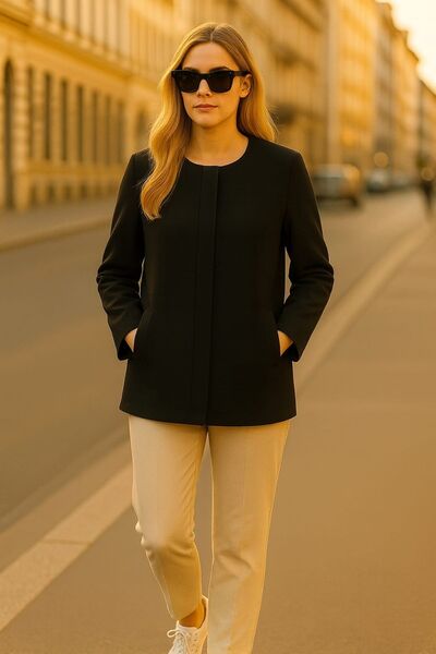 enmodaiçgiyim Black Cashmere Look Zippered Women's Coat – with Pockets, Comfortable Fit, Minimal Design