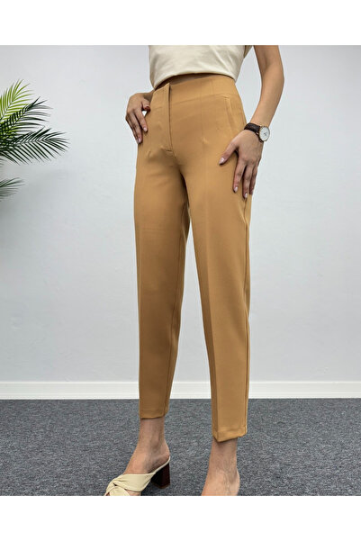 deqfashion Kadın Camel Yüksek Bel Flatolu Havuç Kumaş Pantolon