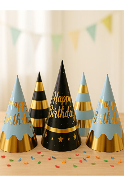 party mix Parti Şapkası 5 Adet - Renkli Gold Detaylı Doğum Günü Şapkası - Hap...