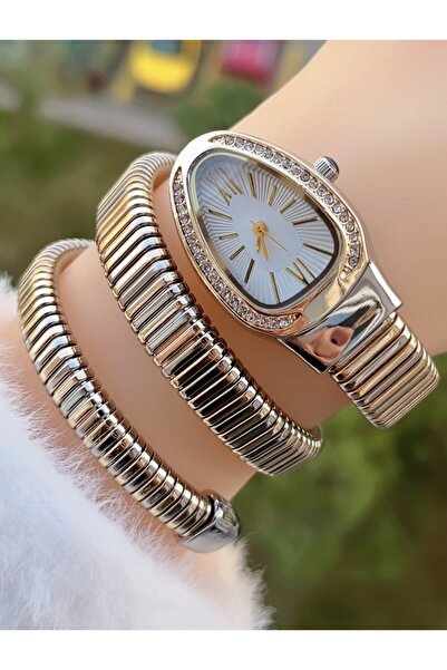 Weluxa Gold and Silver Color White Dial Snake Model Women Wristwatch