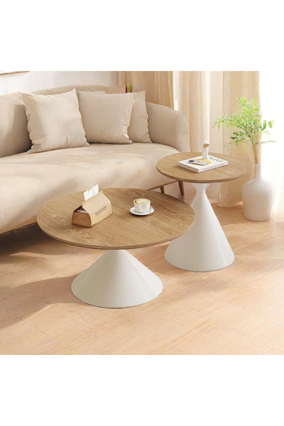 Living Set of 2 Round Coffee Tables with Beige Wooden Tops & Cream Cone Steel...