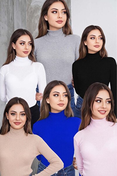 bykombincim Unisex 6'LI Paket Siyah Beyaz Bej Gri SAKS PEMBE Pamuklu Balıkçı Yaka FİTİLLİ Slimfit Boğazlı Kazak