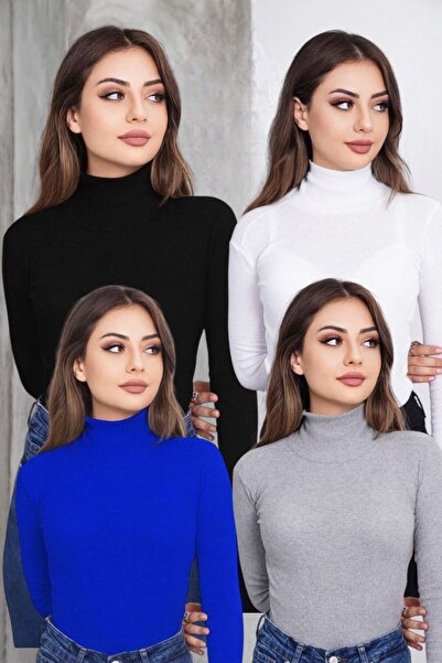 bykombincim Unisex 4'LÜ Paket Siyah Beyaz SAKS Gri Pamuklu Balıkçı Yaka FİTİL...