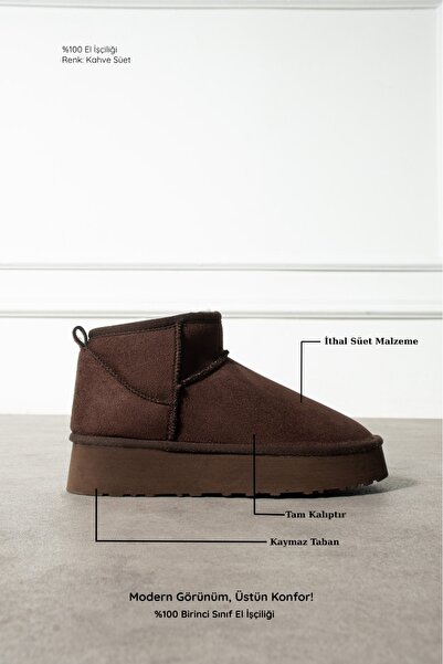 Zintra Kadın Süet Mini Kahverengi Bot – İç Kürklü, Kalın Tabanlı Bilekte Şık Bot