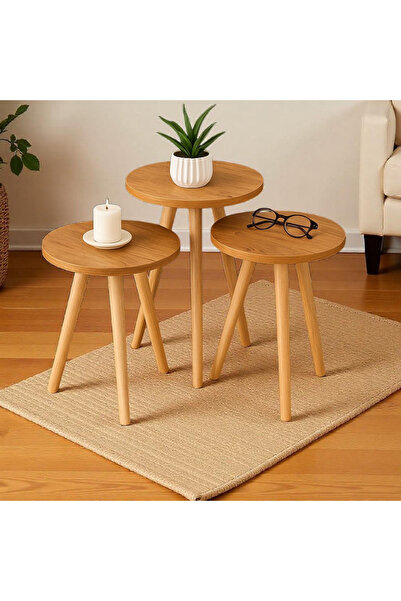 HESA Yan Sehpa Ve Zigon Sehpa Ahşap Ayaklı Çam 3'lü Yuvarlak