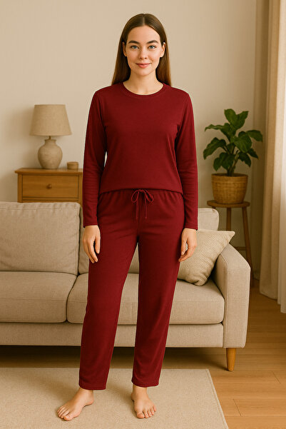 ModaLeaf Bordo uzun kol Pijama takımı