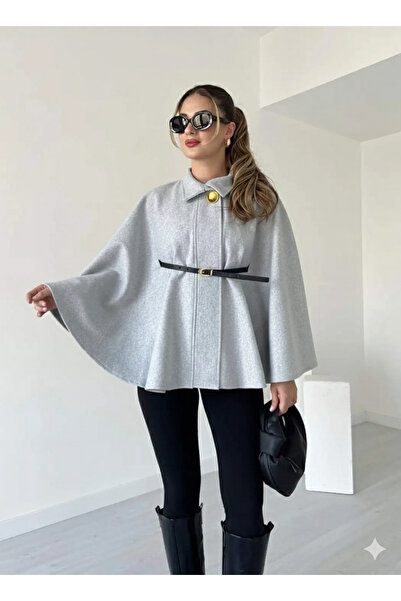 MissPul Kemerli Gol Düğmeli Kaşe Panço pelerin ceket