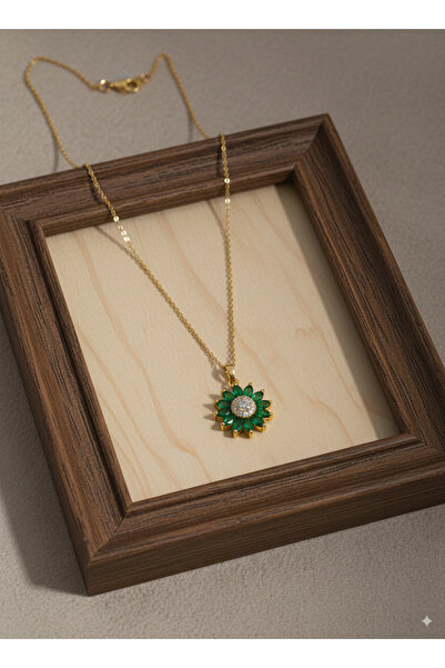 Xido gold zincirli Zümrüt Yeşili Kristal Çelik Çiçek Kolye, sevgiliye hediye,...