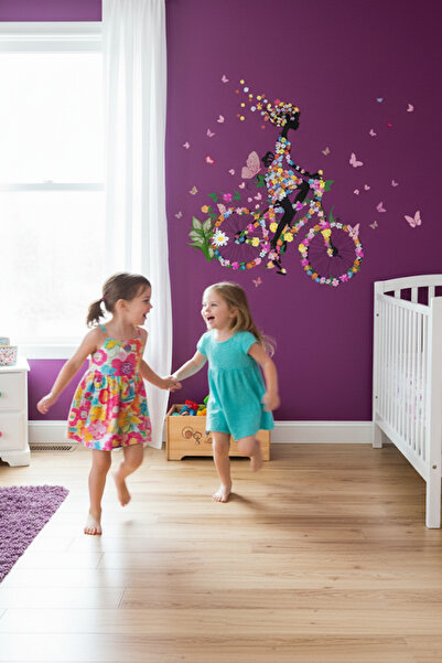 KT Decor Cvetna vila na biciklu Set zidnih naljepnica za devojčinu sobu