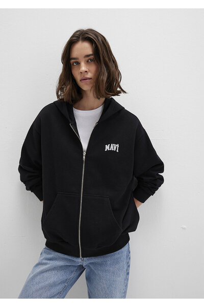 Mavi Logo Baskılı Kapüşonlu Fermuarlı Siyah Sweatshirt 1S10178-900