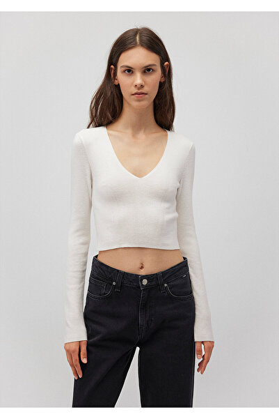 Mavi Weißer Pullover mit V-Ausschnitt, kurz geschnitten 1710122 -81964