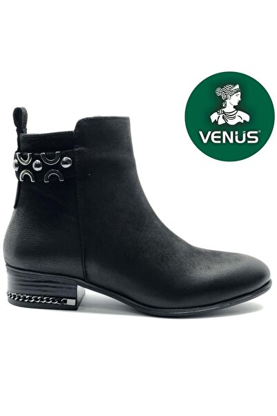 Venüs Women's Genuine Leather Short Heeled Boots 2152712K - Black - 36