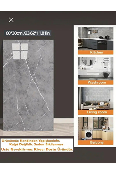 FiR&MeL Home Gri Mermer Görünümlü Kendinden Yapışkanlı Su Geçirmez Duvar Paneli 60x30cm Darbeye Dayanıkl
