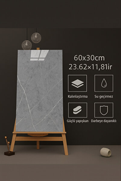 FiR&MeL Home Gri Mermer Görünümlü Kendinden Yapışkanlı Su Geçirmez Duvar Paneli 60x30cm Darbeye Dayanıkl