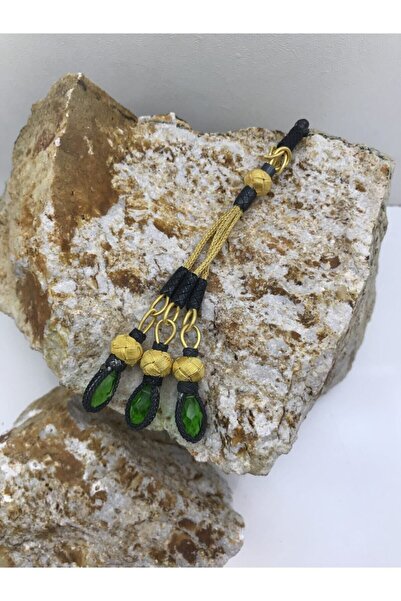 KAZZAZE Combinație neagră aurită cu piatră de cristal verde, ciucuri de rugăc...